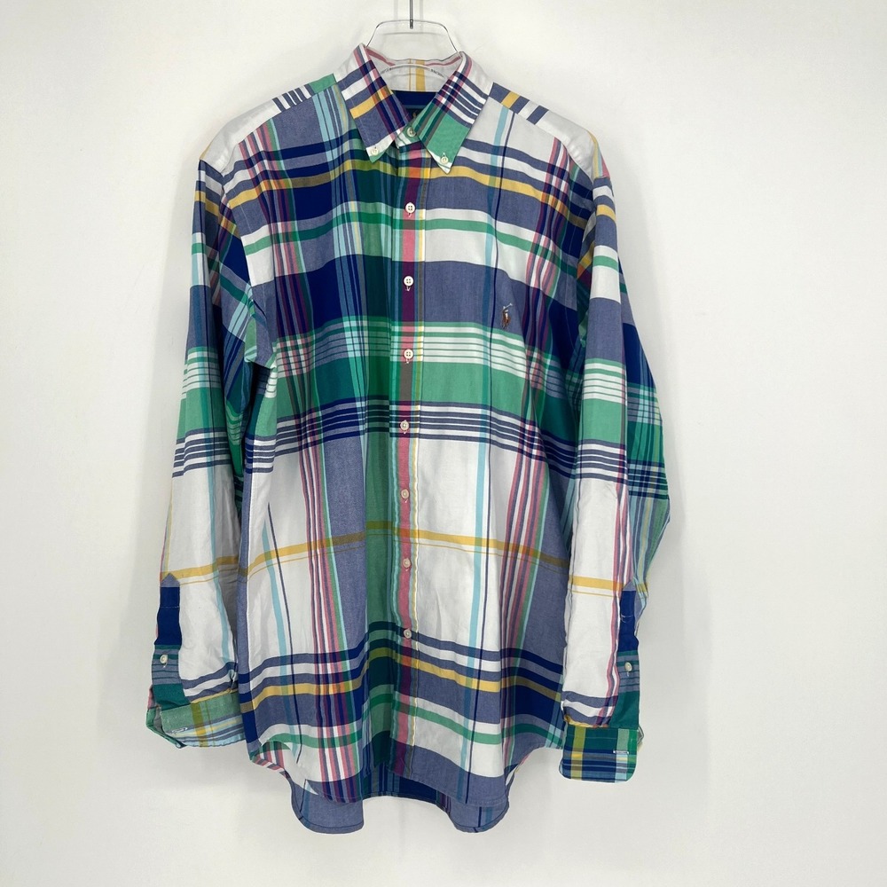 Ralph Lauren Plaid Oxford Shirt Mens Large Tall Preppy Old Money Green Navy